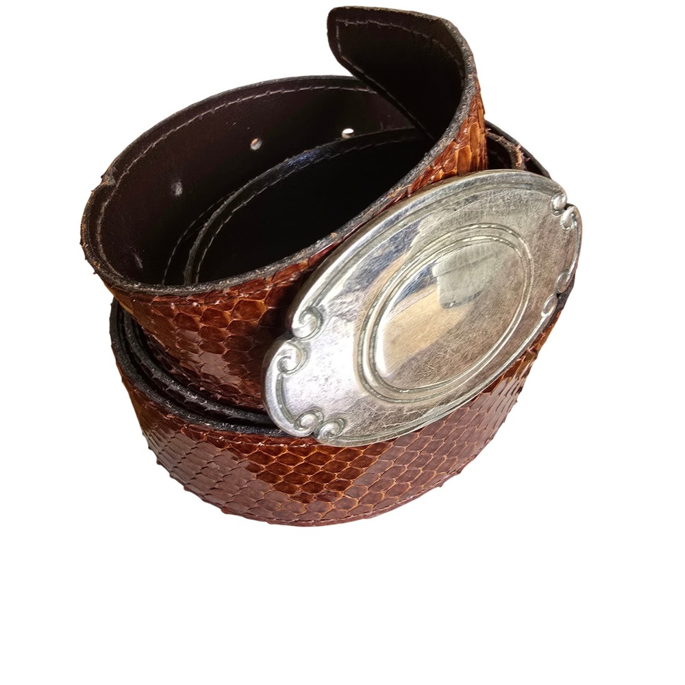 Vintage Cognac Brown Snakeskin Belt with Ornate Silver Oval Buckle Western‎ Boho